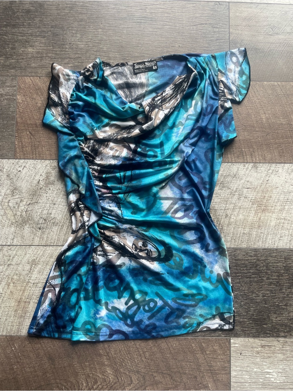 Vintage Tango Mango Blue Teal Watercolor Print Cowl Neck Top